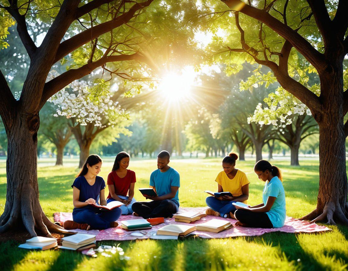A serene landscape showing a diverse group of people in various stages of recovery, interacting and supporting each other. Include symbols of hope like blooming flowers and gentle sunlight filtering through trees. Incorporate elements like books and therapy tools scattered contextually, representing resources for healing. The overall atmosphere should evoke a sense of community and encouragement. soft focus. vibrant colors. peaceful ambiance.