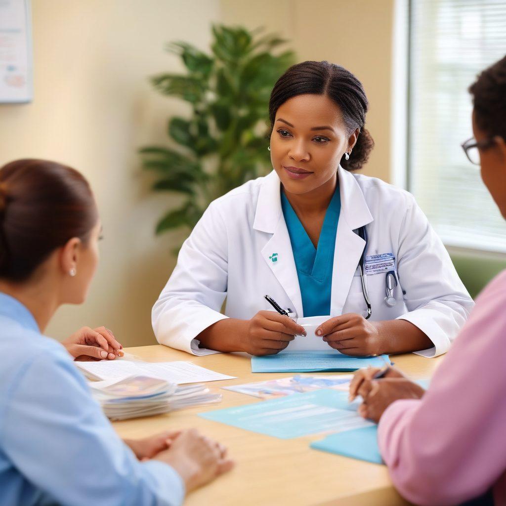 A compassionate healthcare professional discussing with a diverse group of patients in a bright, welcoming clinic setting, surrounded by educational materials on cancer prevention and support. Incorporate symbols of hope like ribbons, plants, and soft lighting to create a warm atmosphere. Capture the essence of guidance, care, and community. super-realistic. vibrant colors. soft focus.
